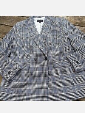 Talbots Black/White/Blue Blazer Classic Glen Plaid size 10p